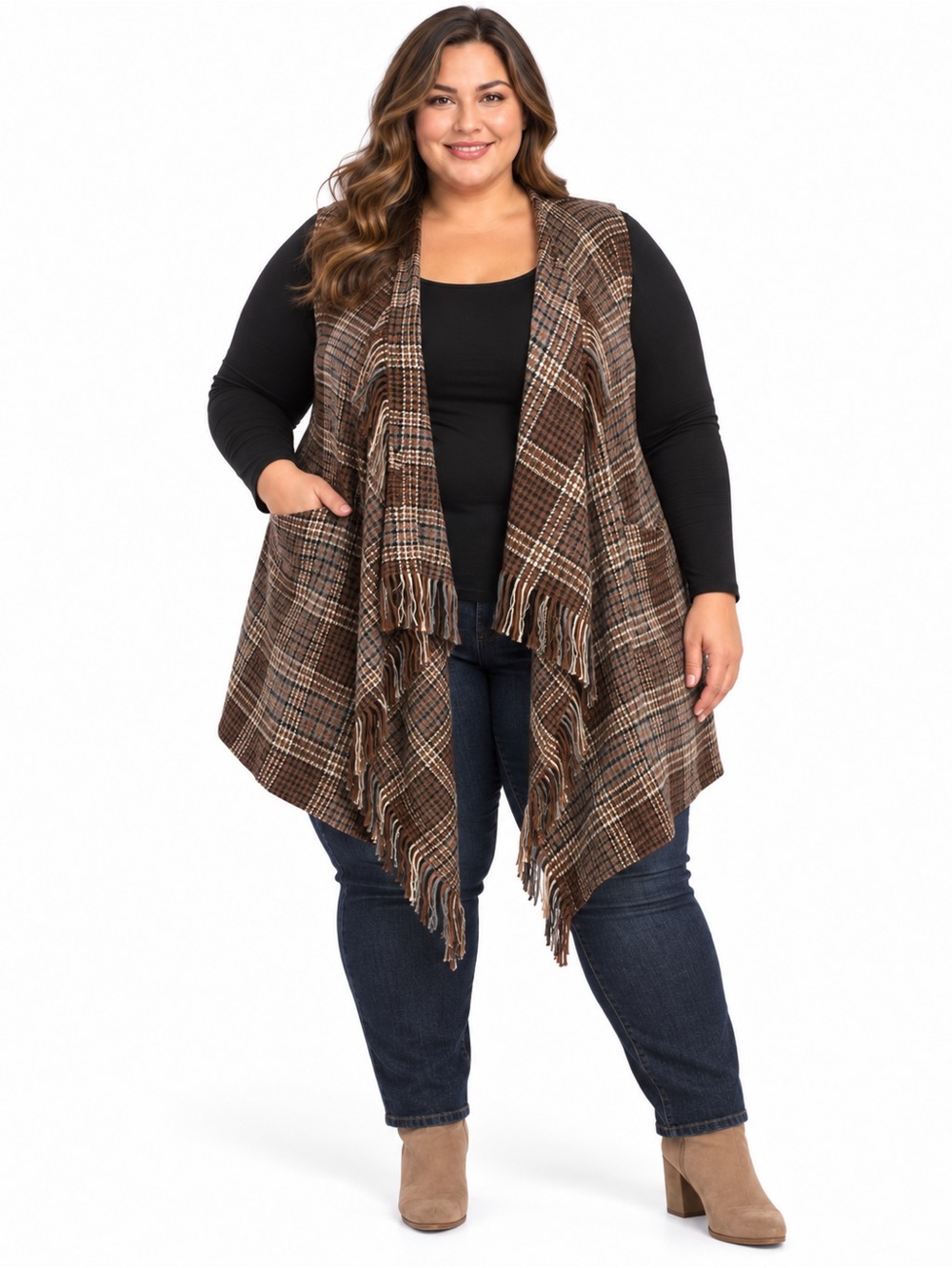 Democracy Sleeveless Vest Size 3X Brown Plaid Fringe Open Front